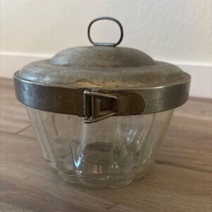 Antique‎ Jelly Mold Glass Kitchen Decor Metal Lid Clasp Vintage 7" Tall